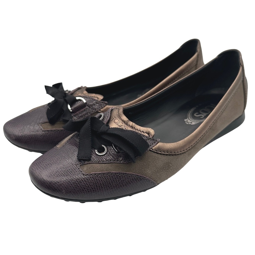 Tod's Gommini Driving Ballet Flats Womens 39 Metallic Suede Lizard Bow Ballerina
